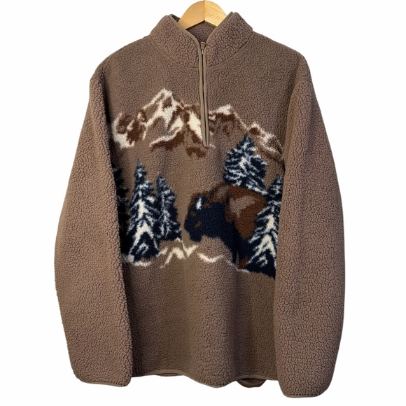 Old Navy Tops - Old Navy Fluffy Cow Fleece Pullover Bison Mountain Print Brown 1/4 Zip L
